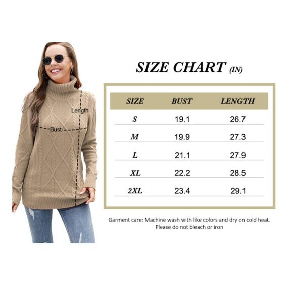 HWOKEFEIYU Women's Turtleneck Cable Knit Long Sleeve Pullover Sweater Dark Khaki - Picture 6 of 9